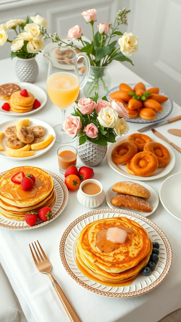 Delicious Brunch Setup Ideas A vibrant brunch setup with pancakes, fruit, pastries, and mimosas on a decorated table.